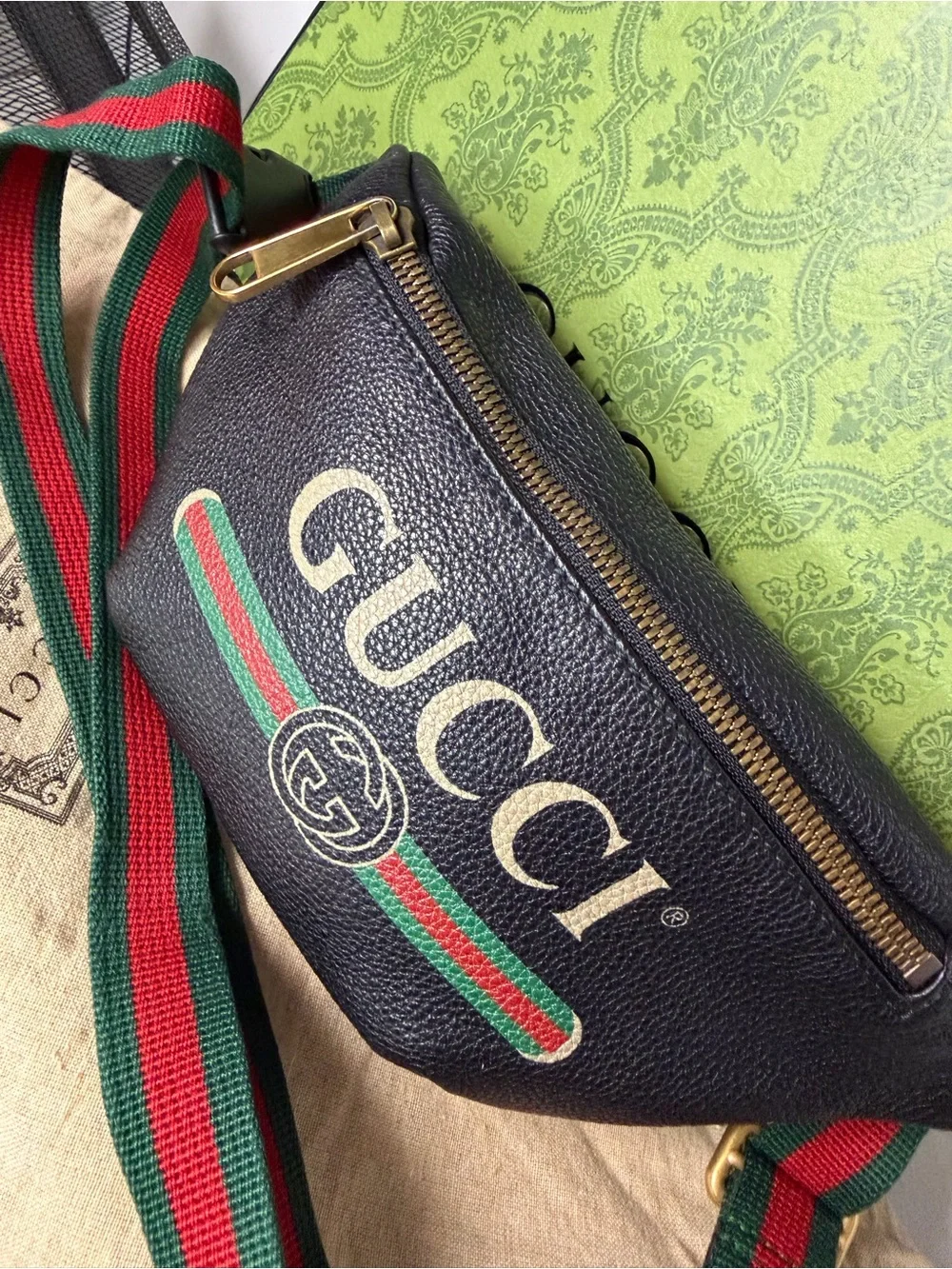 Gucci Print Leather Belt Bag Black Web Stripe Crossbody Waist Bag